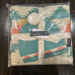 Pendleton Tan Multi knit Baby Blanket with Beanie 30 x 40 NWT